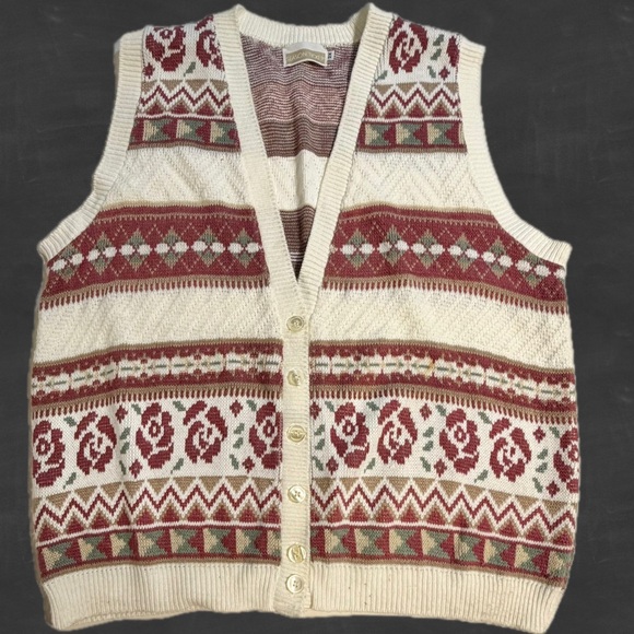 Vintage Sweaters - VINTAGE cottage rose knit‎ sweater cardigan button front cottagecore floral 90s